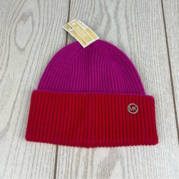 Michael Kors Women\'s Two Tone Color Block Ribbed Beanie OS Magenta Red $58 main image 6